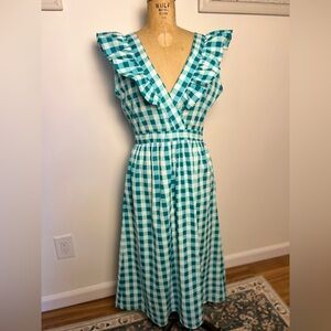 Compania Fantastica gingham teal and white ruffle dress medium